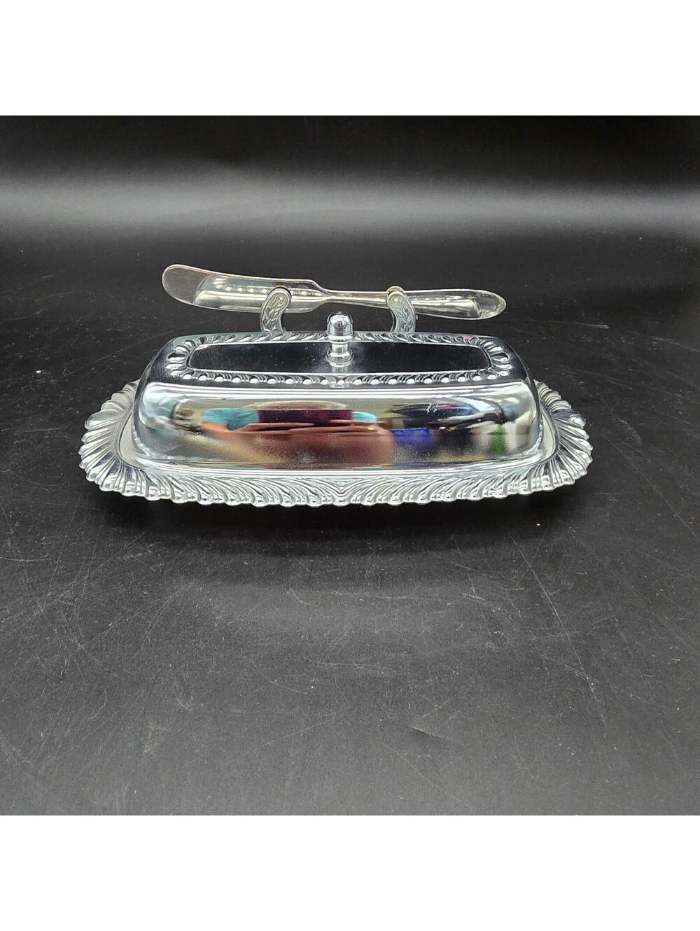 Vintage Irvinware Chrome Butter Dish Covered Set with Spreader Glass Liner USA